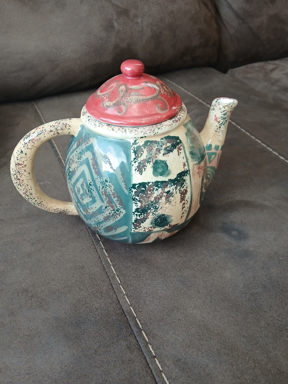Artisan Ceramic Teapot in Coral and Teal